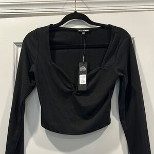 Fashion Nova Black Ribbed Long Sleeve Top, Size M